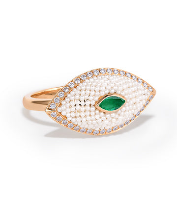 Pearl, Diamond and Emerald ring